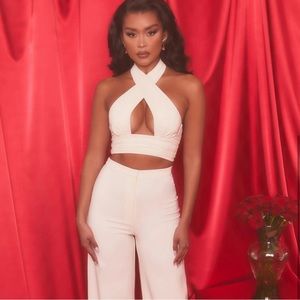 Oh Polly Cross Neck Top & Wide Leg Trousers both in the color Oyster White